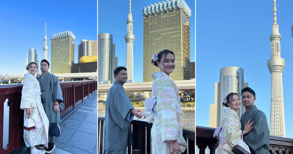 take photo at Sumida river wearing kimono